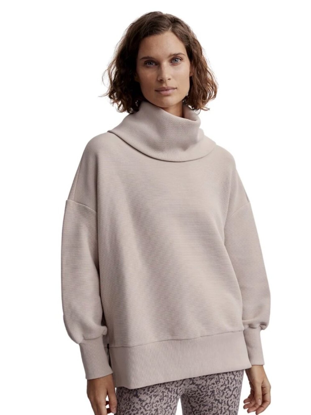 Varley Milton Sweater Ribbed Turtleneck Side Zip Pullover Beige Medium